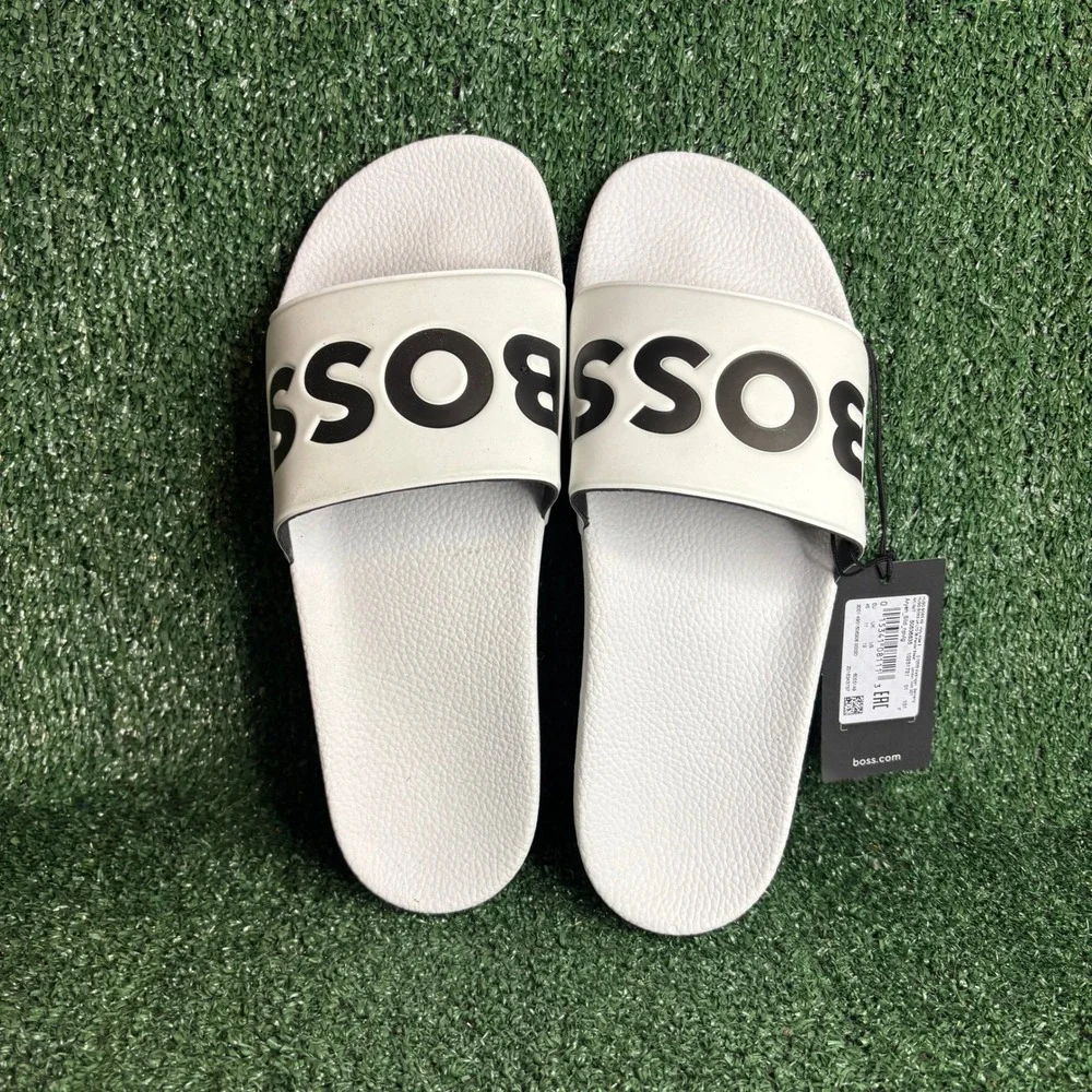NEW‎ HUGO BOSS Aryeh Logo Pool Slides Beach Sandals White Black Mens Size 12